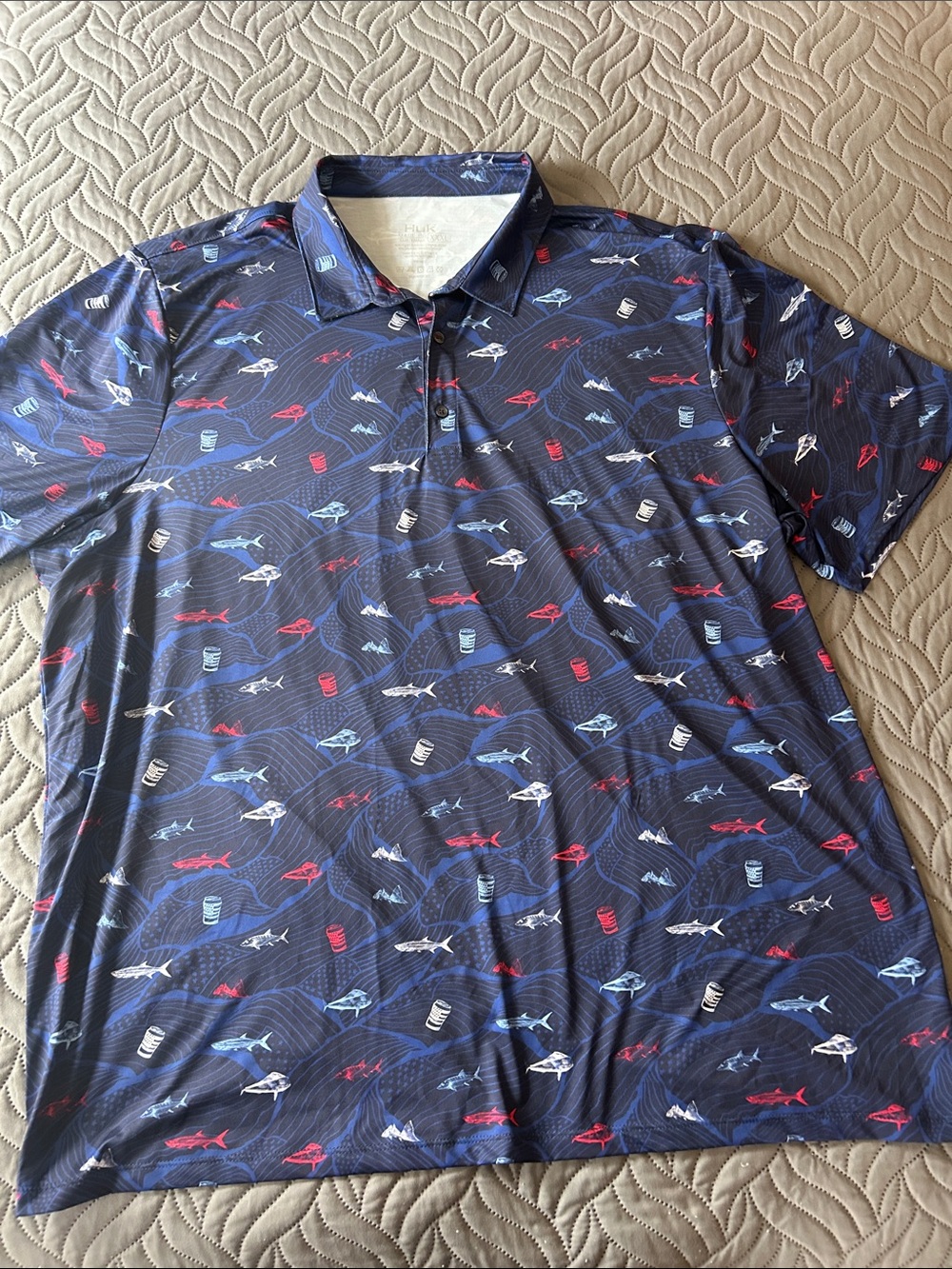 EUC- Huk Navy Shark-Print Polo with Red and Light Blue Accents